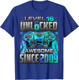 Level 16 Unlocked Awesome Since 2009 16th Birthday Gaming T-Shirt - T-Shirt | Royal