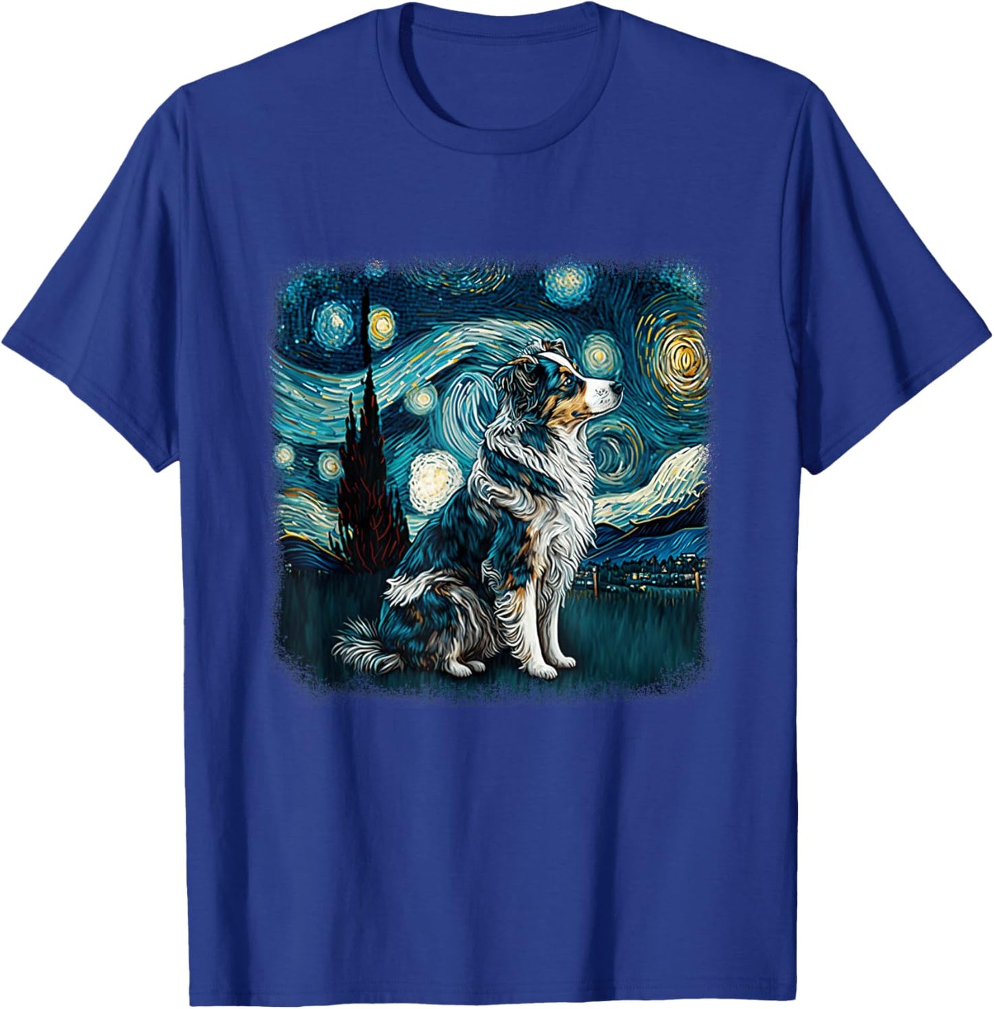 Dog in starry night van gogh aussie mini Australian Shepherd T-Shirt - T-Shirt | Royal