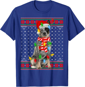 Ugly Xmas Dog Lights Santa Hat Blue Heeler Dog Christmas Men Women Girls Kids T-Shirt - T-Shirt | Royal