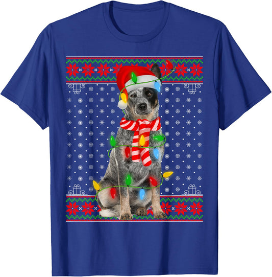 Ugly Xmas Dog Lights Santa Hat Blue Heeler Dog Christmas Men Women Girls Kids T-Shirt - T-Shirt | Royal