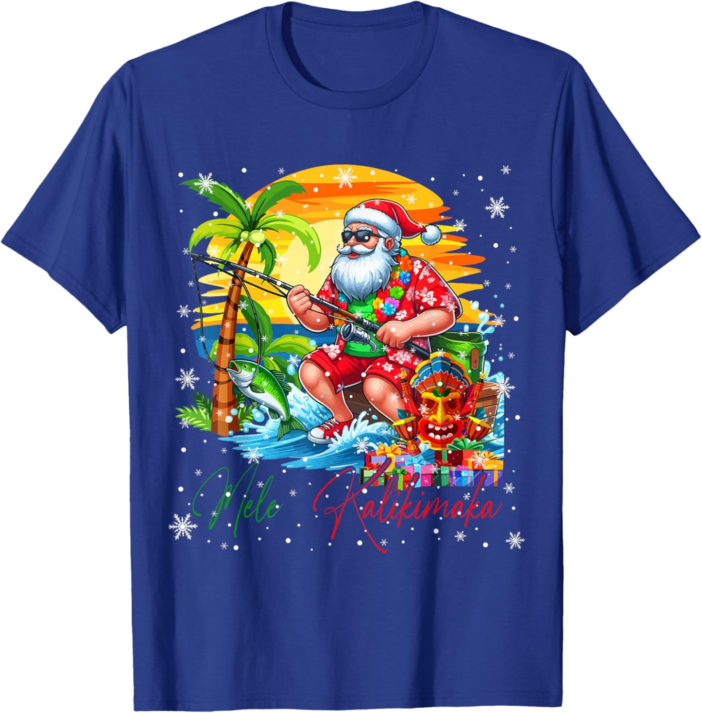 Mele Kalikimaka Hawaiian Santa Sunglasses Fishing Christmas T-Shirt - T-Shirt | Royal