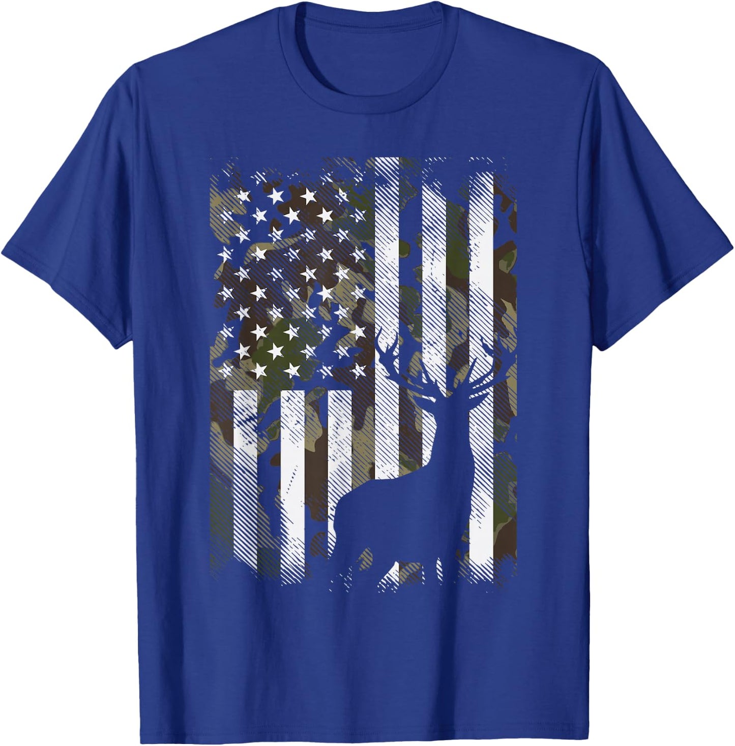 Camo US Flag Deer Elk Buck Camoflage Hunting Hunter Dad Gift Short Sleeve T-Shirt - T-Shirt | Royal