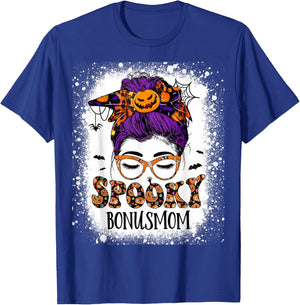 Spooky Bonus mom Halloween Messy Hair Woman Bun Bleached T-Shirt - T-Shirt | Royal