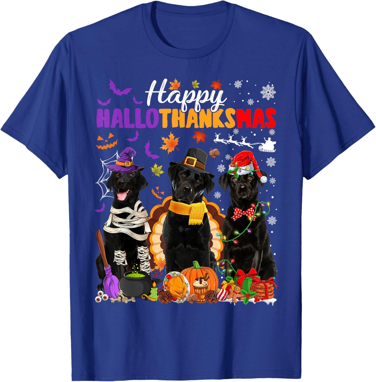 Witch Pilgrim Turkey Santa Black Labrador Dog HalloThanksMas T-Shirt - T-Shirt | Royal