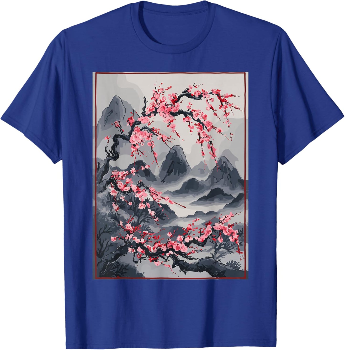 Vintage Cherry Blossom Landscape - Japanese Graphical Art T-Shirt - T-Shirt | Royal