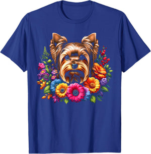 MyAnimal - Your Favourite Animal Wear Cute Yorkshire Terrier Portrait in Colourful Flowers , Small, Black T-Shirt - T-Shirt | Royal
