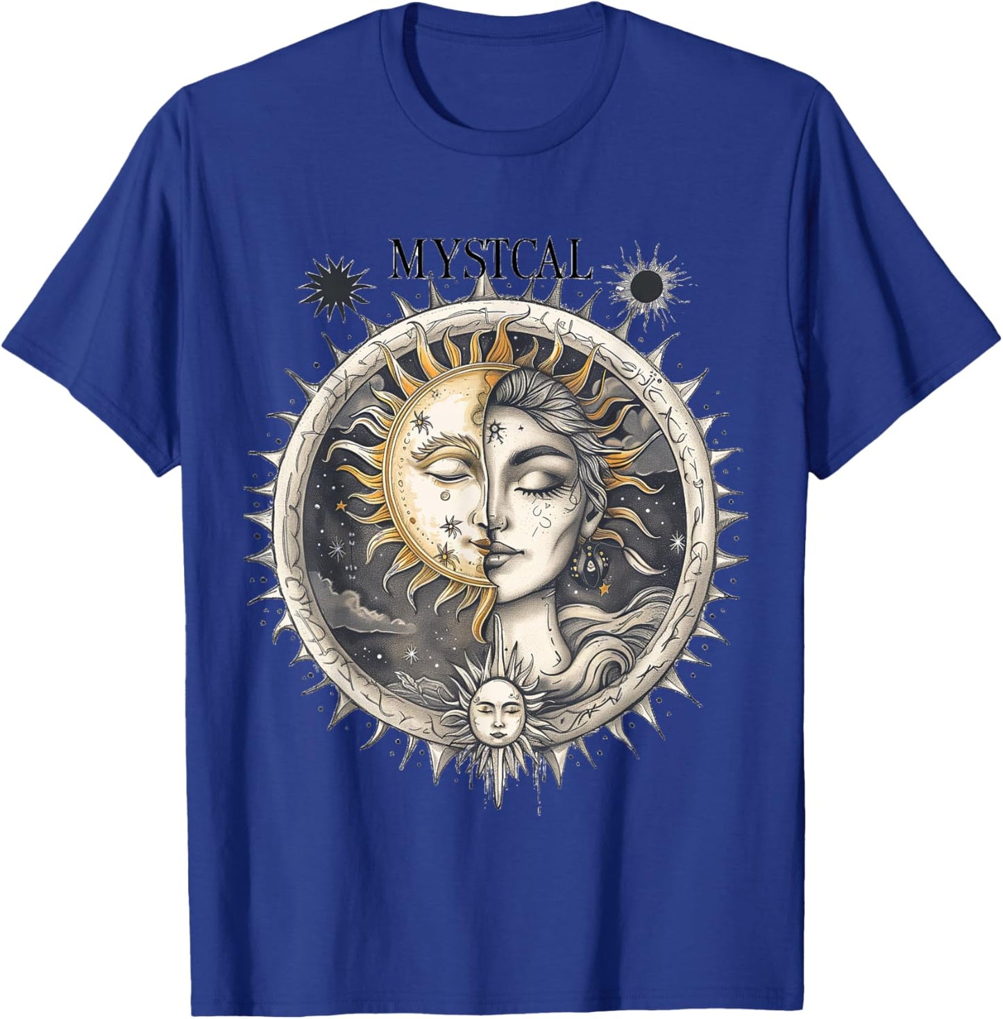 Mystical Sun and Moon with Woman Mystical Flowers Aesthetic T-Shirt - T-Shirt | Royal