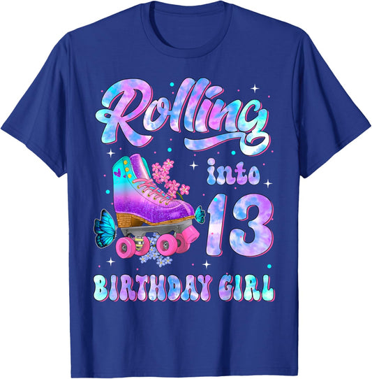 Rollin' Into 13 Roller Skating Rink Thirteen Bday Girl Party T-Shirt - T-Shirt | Royal