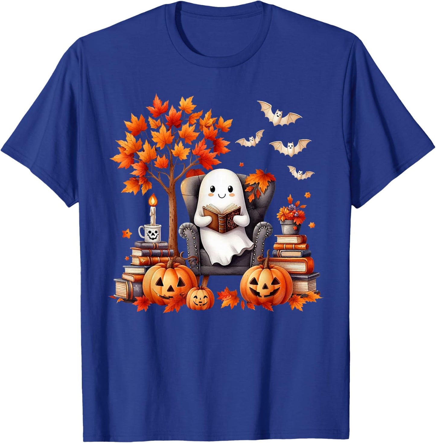 Vintage Ghost Book Reading Pumpkin Gothic Halloween Teachers T-Shirt - T-Shirt | Royal