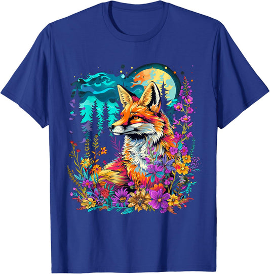 Cottagecore floral Fox with colorful flowers Goblincore T-Shirt - T-Shirt | Royal