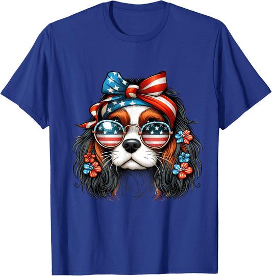 Girl 4th of July With Cavalier King Charles Spaniel Dog T-Shirt - T-Shirt | Royal