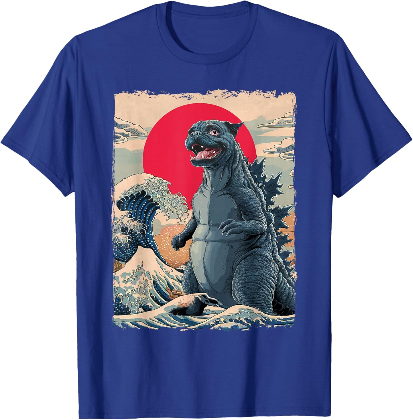 Pug Dog Funny Pugzilla Japanese Wave Art T-Shirt - T-Shirt | Royal