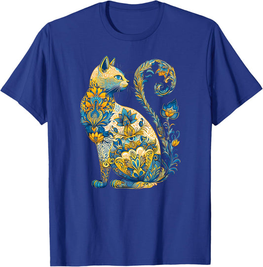 Ukrainian Cat Floral Vintage Ukraine Flag & Vyshyvanka Style T-Shirt - T-Shirt | Royal