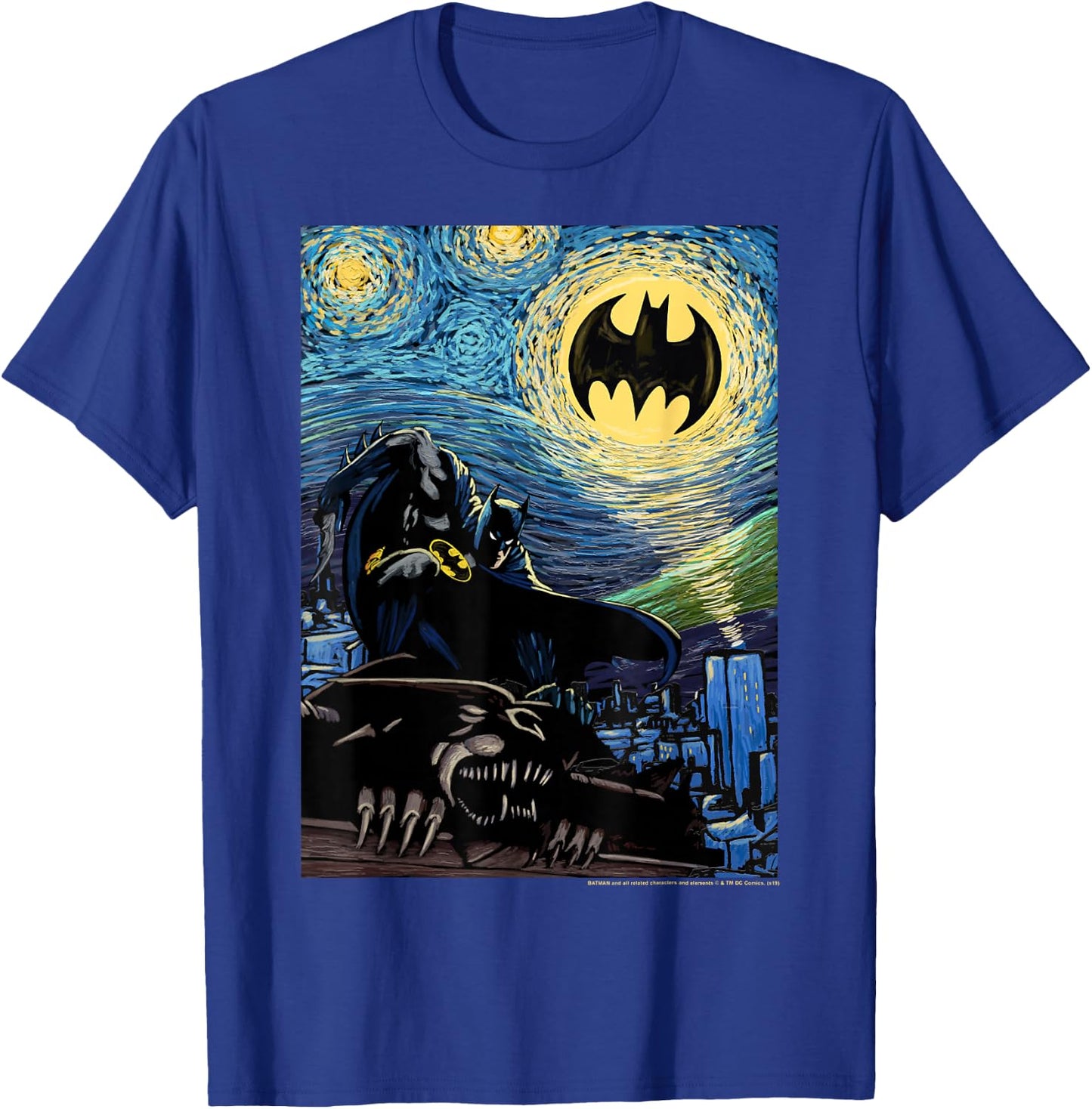 DC Comics Batman The Dark Knight Starry Night Style Poster T-Shirt - T-Shirt | Royal