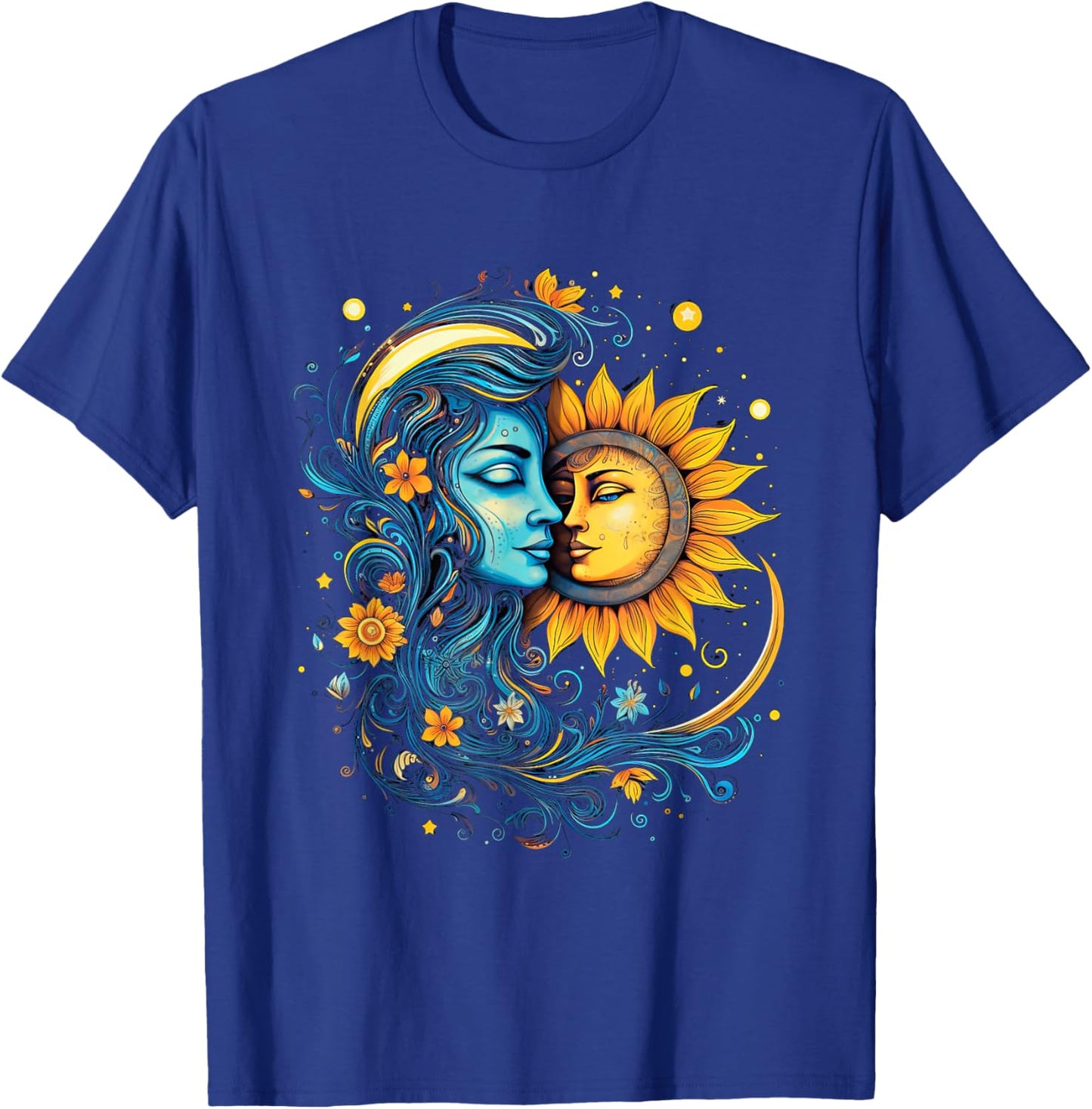 Mystic Sun and Moon Woman Mystical Flowers Aesthetic T-Shirt - T-Shirt | Royal