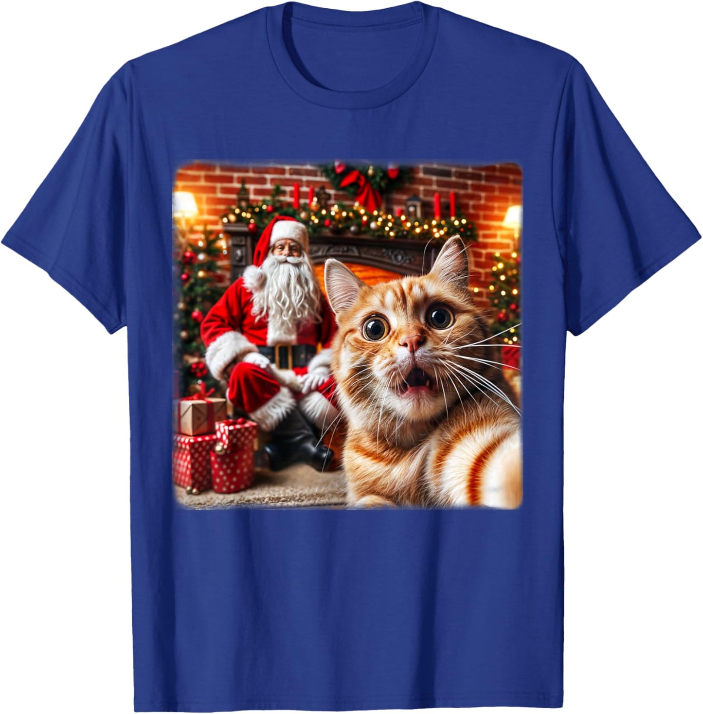Funny Cat Selfie With Santa Claus Christmas Girls Boy Family T-Shirt - T-Shirt | Royal