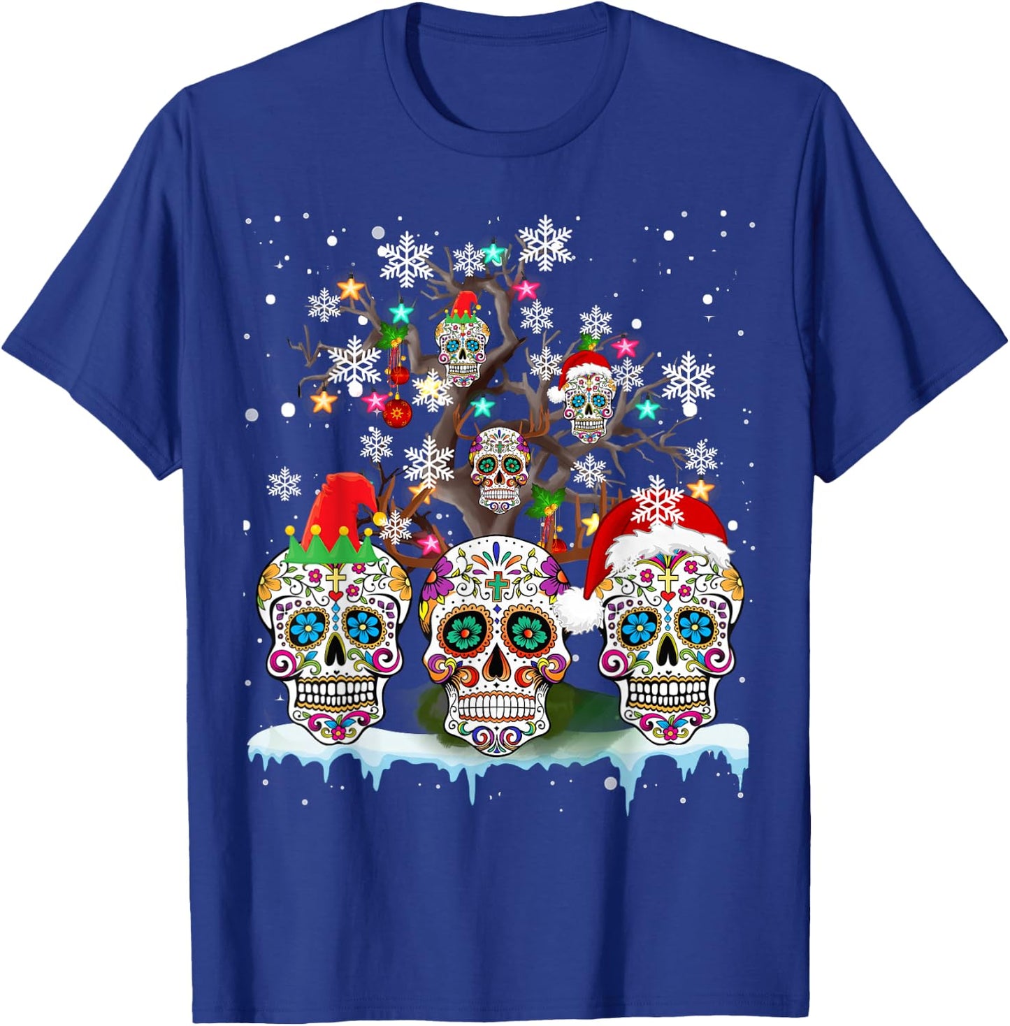 Christmas Sugar Skull On Tree Funny Santa Sugar Skull Gifts T-Shirt - T-Shirt | Royal
