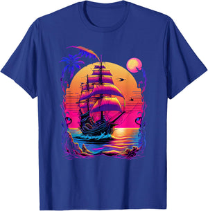 Synthwave Retrowave Pirate Ship Colorful Graphic T-Shirt - T-Shirt | Royal