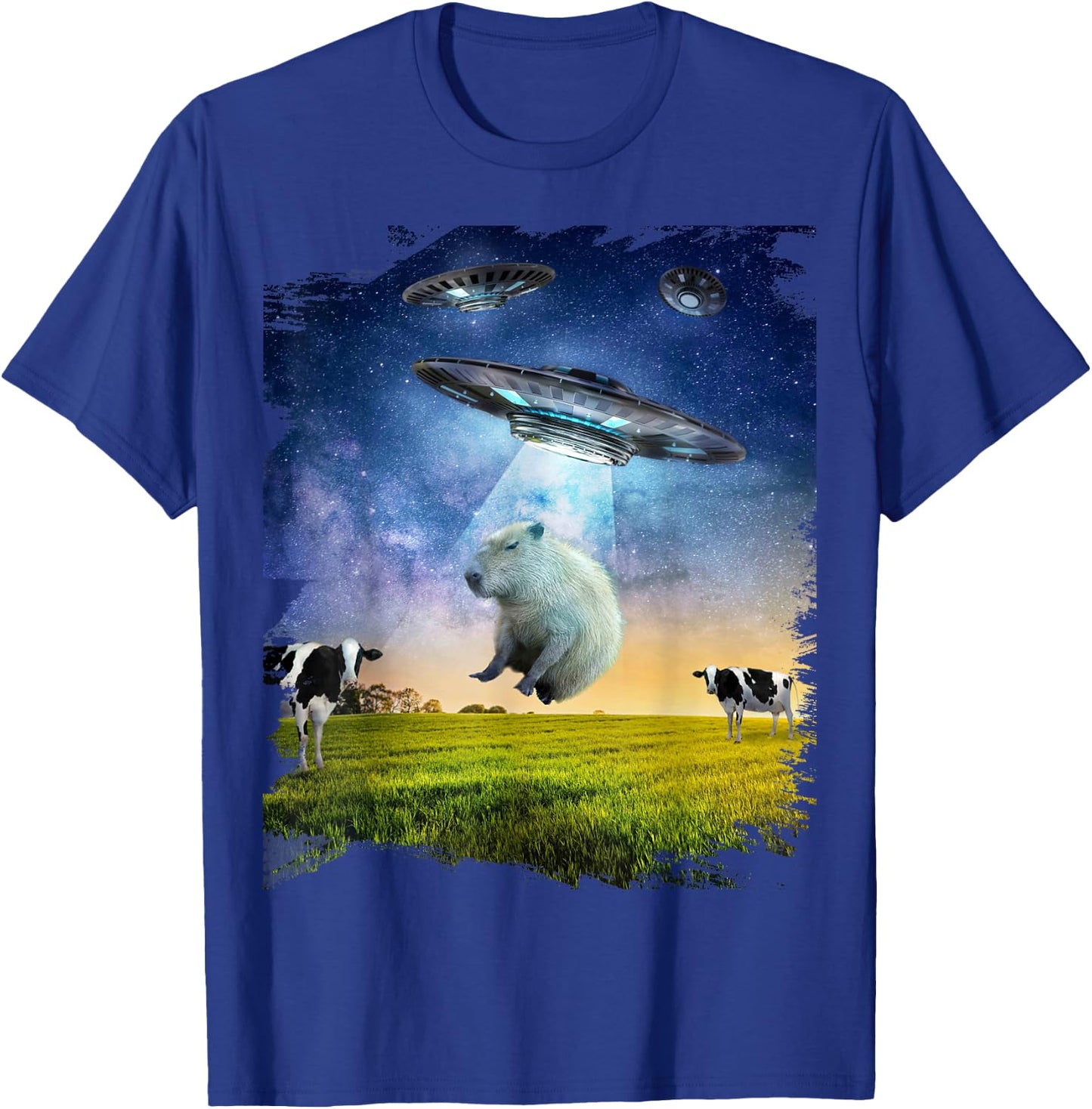 Random Galaxy Capybara UFO Abduction Abducting Funny , Men's -Adults, Black, Small, Short Sleeve, Regular Fit, Cotton, Polyester T-Shirt - T-Shirt | Royal