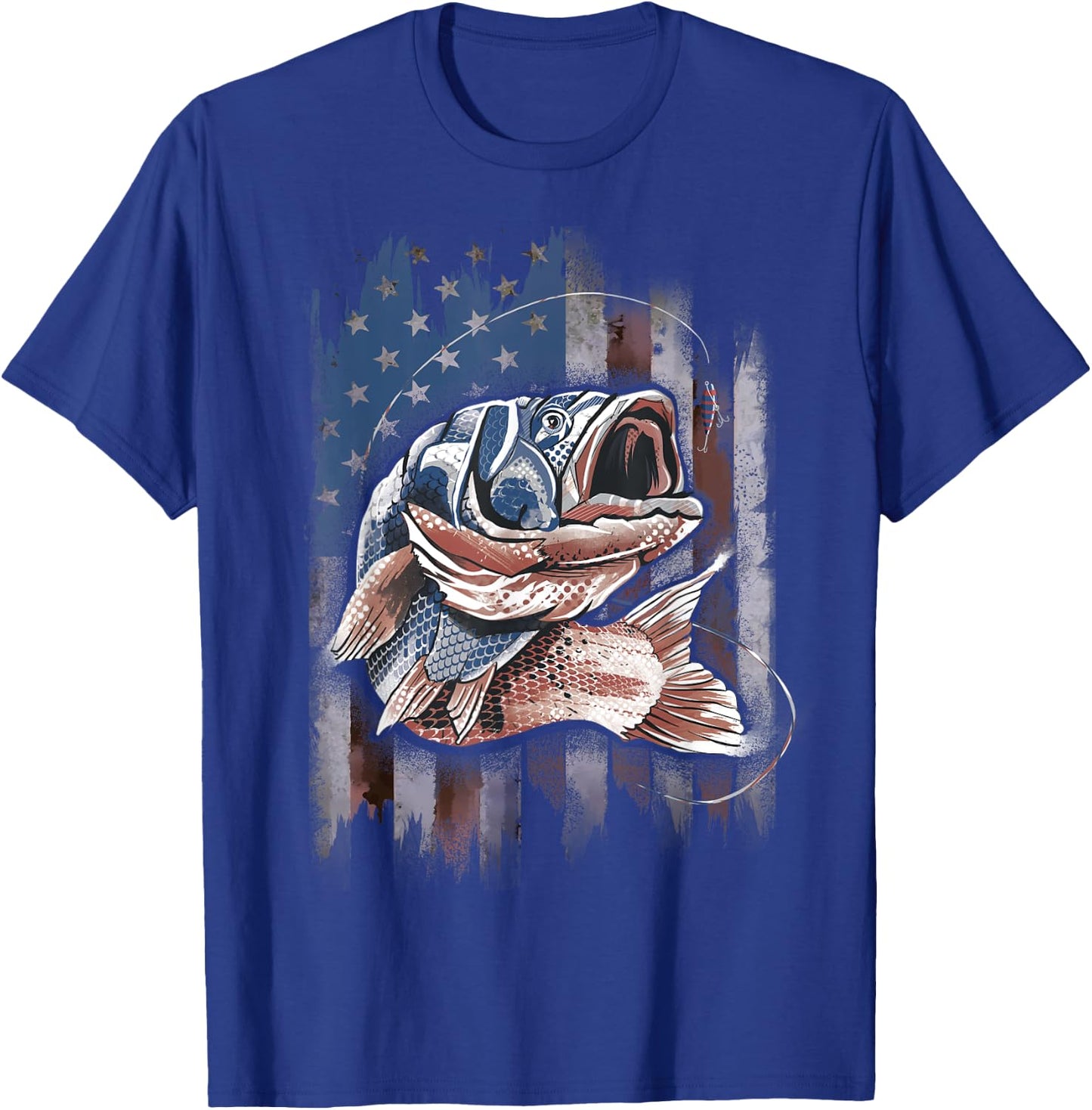 Patriotic Fishing 4th of July Men Amercian Flag Bass Fishing T-Shirt - T-Shirt | Royal
