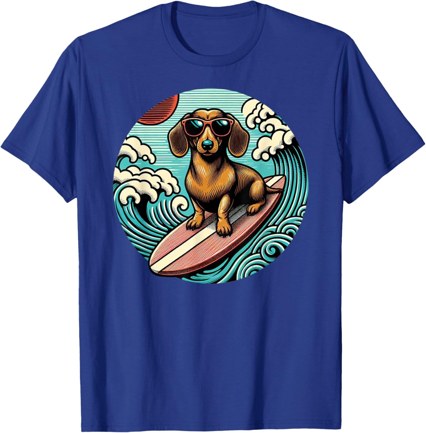 Red Dachshund Surfing Summer Vibes Ocean Beach Surfer Wave T-Shirt - T-Shirt | Royal
