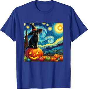 Halloween Van Gogh Starry Night Black Cat Witch Hat Pumpkins T-Shirt - T-Shirt | Royal