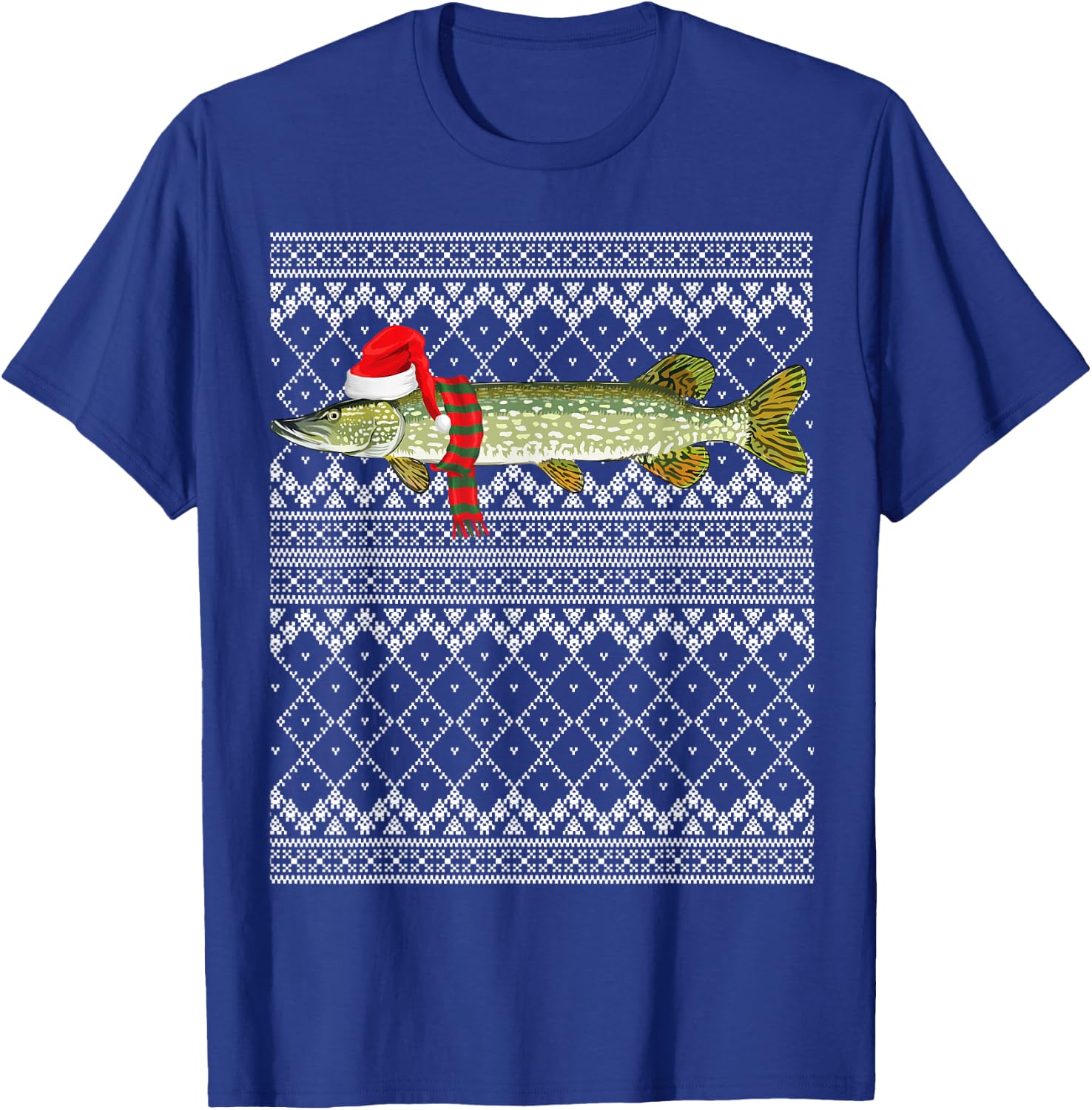 Xmas Fish Santa Hat Northern Pike Ugly Christmas T-Shirt - T-Shirt | Royal