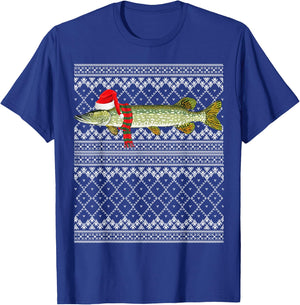 Xmas Fish Santa Hat Northern Pike Ugly Christmas T-Shirt - T-Shirt | Royal