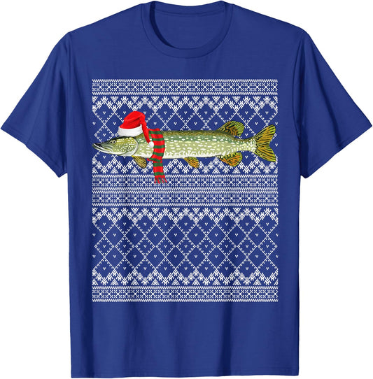 Xmas Fish Santa Hat Northern Pike Ugly Christmas T-Shirt - T-Shirt | Royal