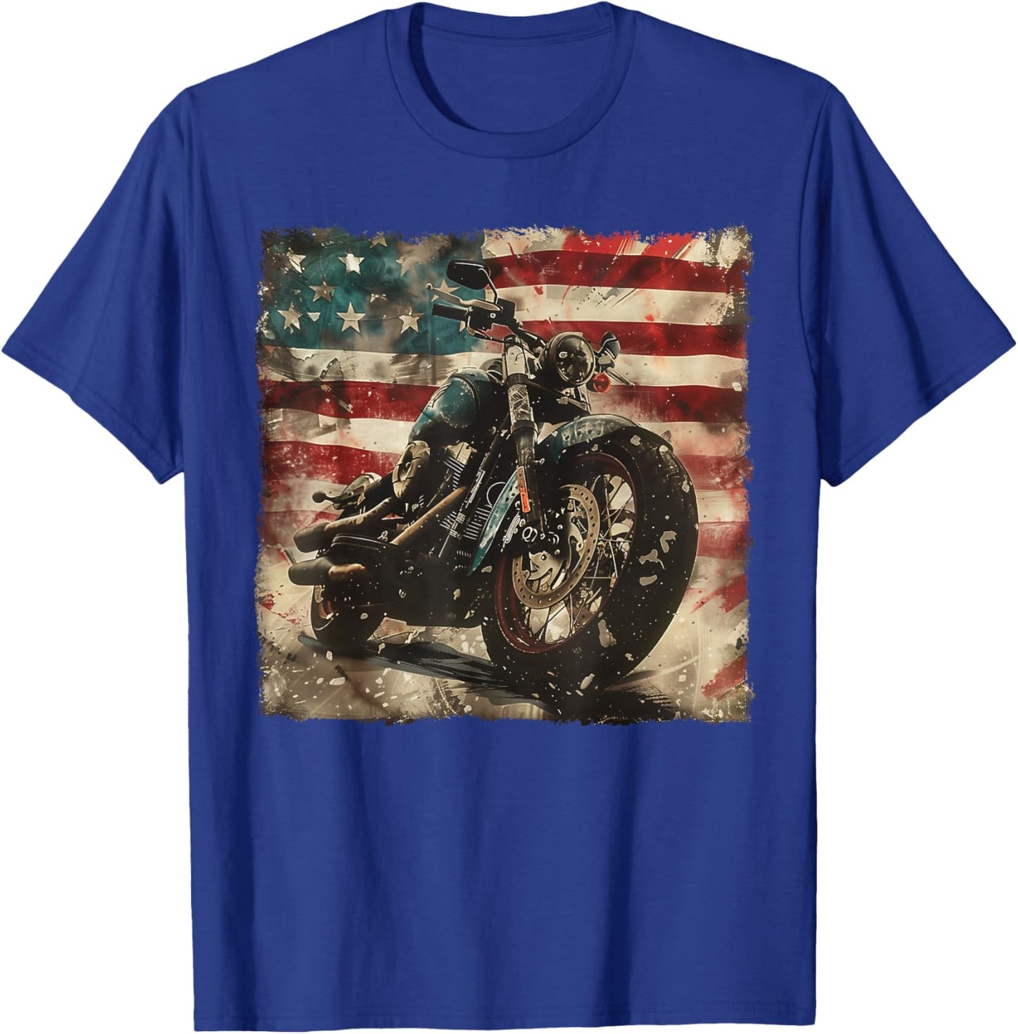 Vintage Motorcycle USA Flag Retro Biker American T-Shirt - T-Shirt | Royal