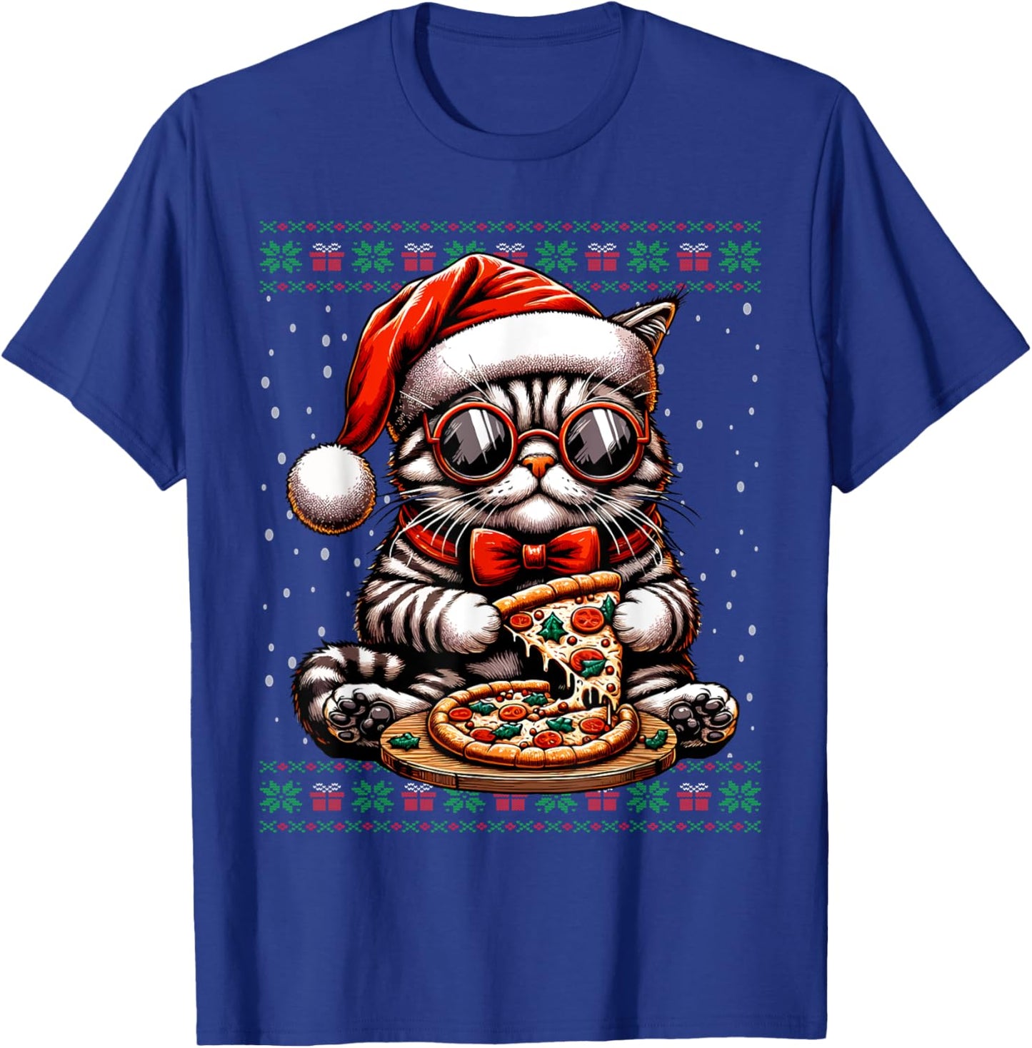 Christmas Cat Santa Eating Pizza Ugly Christmas Sweater Women Kids T-Shirt - T-Shirt | Royal