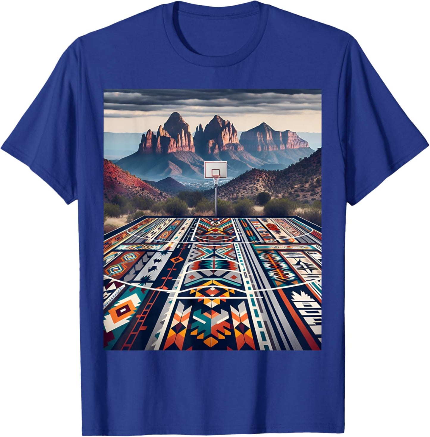 Flagstaff Mountain Basketball: Native American Pattern T-Shirt - T-Shirt | Royal