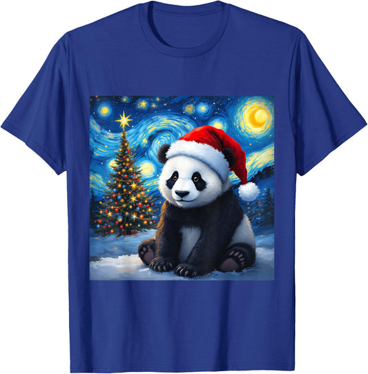 Christmas Panda Santa Hat Van Gogh Starry Night Holiday T-Shirt - T-Shirt | Royal