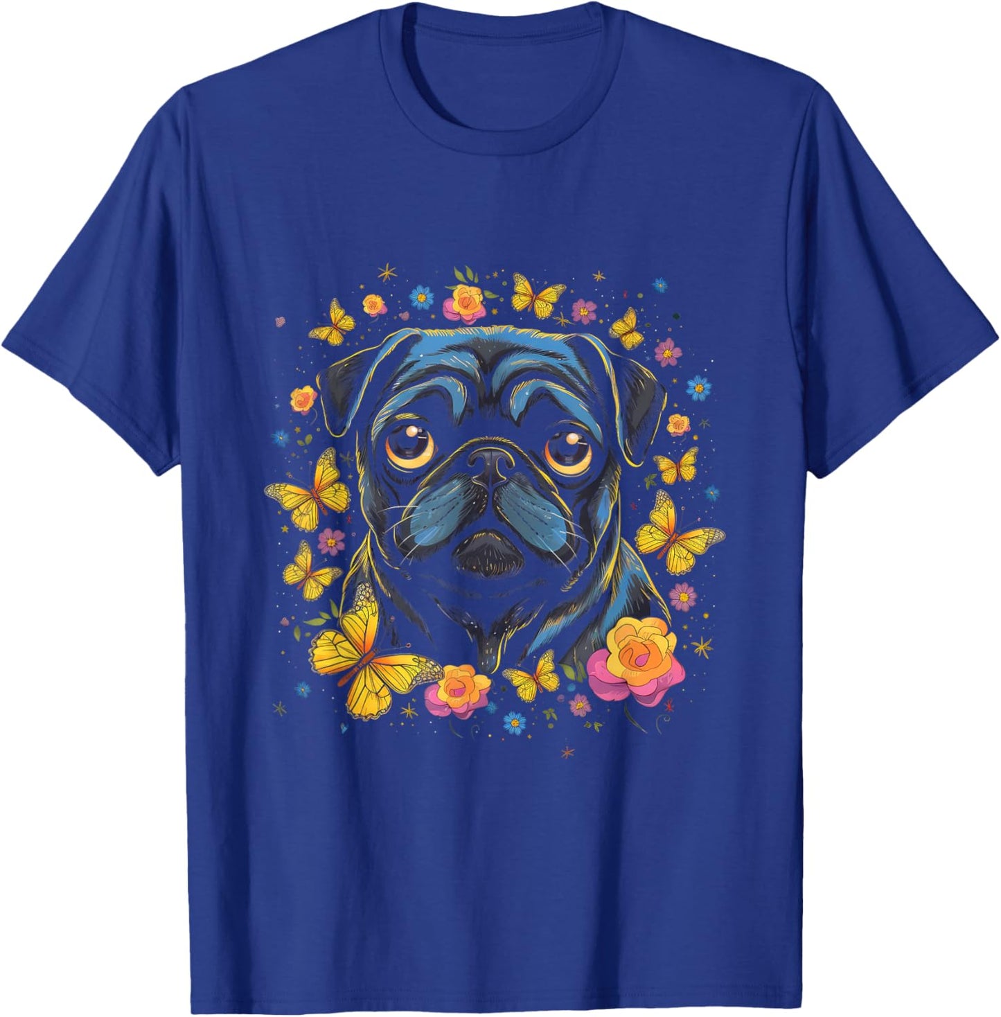 Black Pug with Butterflies and Flowers Retro Design T-Shirt - T-Shirt | Royal