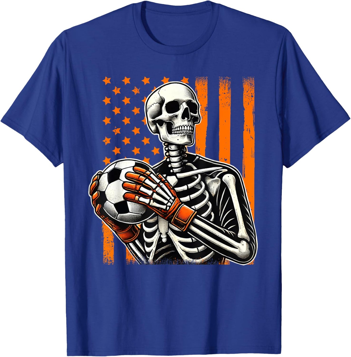 Skeleton Goalkeeper Holding Soccer Ball Goalie Halloween USA T-Shirt - T-Shirt | Royal
