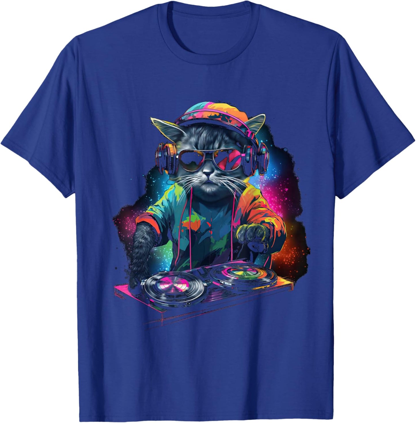 DJ Cat With Headphones And Sunglasses Disco Cats T-Shirt - T-Shirt | Royal