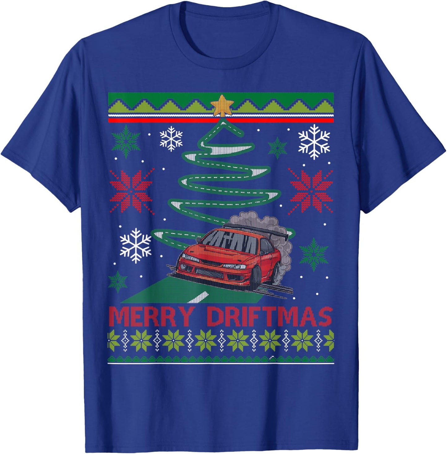 Merry Driftmas Street Racing Christmas Drifting Car Tree T-Shirt - T-Shirt | Royal
