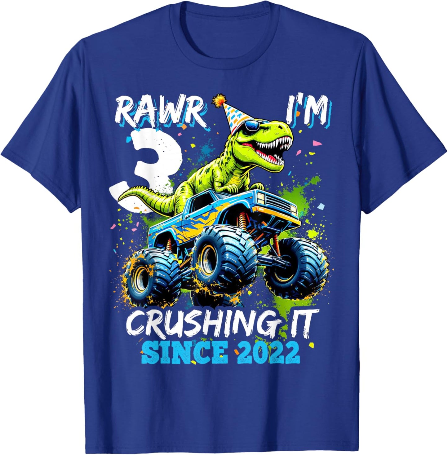 3rd Birthday Monster Truck Dinosaur Party Boys Rawr I'm 3 T-Shirt - T-Shirt | Royal