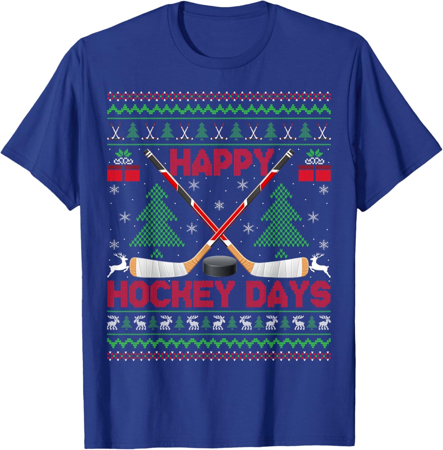 Xmas Sweater Happy Hockeydays Ugly Ice Hockey Christmas T-Shirt - T-Shirt | Royal