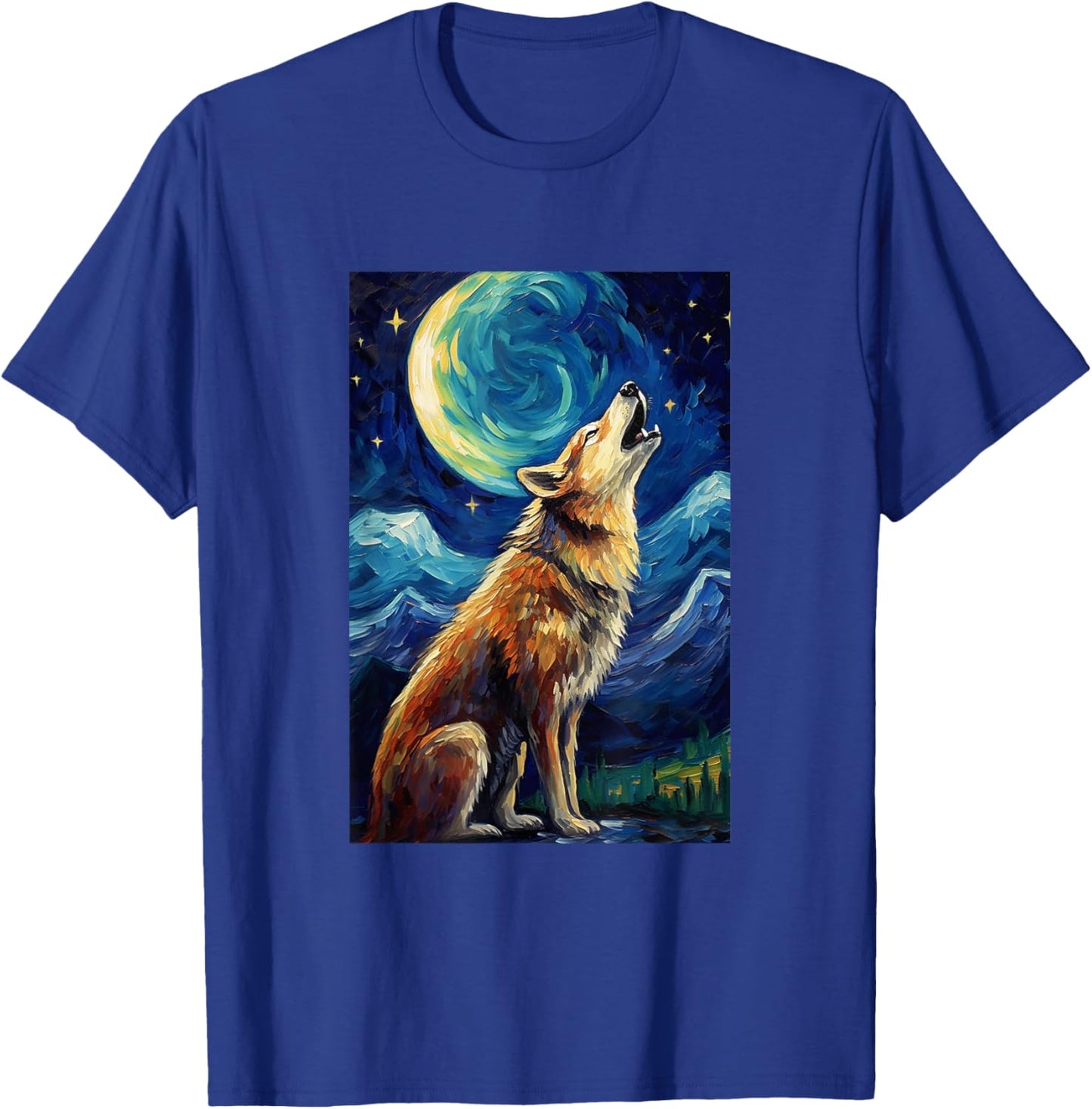Wolf howls at moon - Van Gogh Style - Starry Night T-Shirt - T-Shirt | Royal