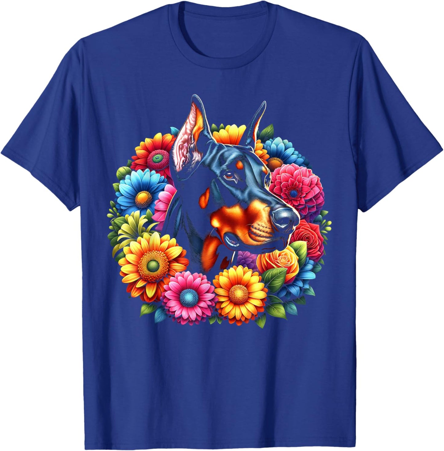Cute Doberman Portrait in Colourful Flowers T-Shirt - T-Shirt | Royal