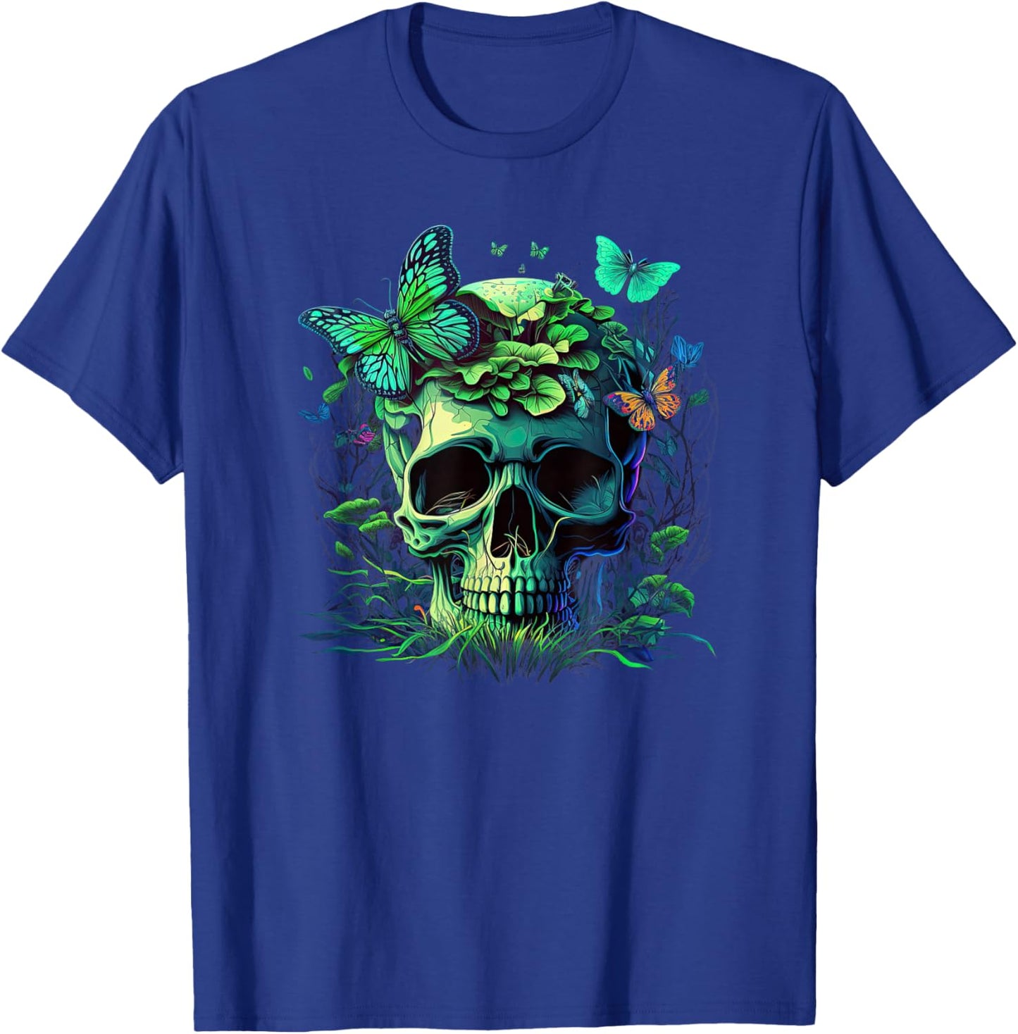 Skull with Vibrant Butterfly flower and mushroom T-Shirt - T-Shirt | Royal