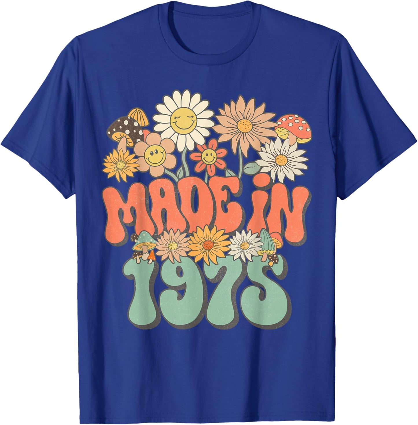 Retro Groovy Made In 1975 Floral Hippie Daisy 50th Birthday T-Shirt - T-Shirt | Royal