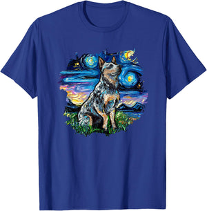 Blue Heeler with border Starry Night Dog Art by Aja T-Shirt - T-Shirt | Royal