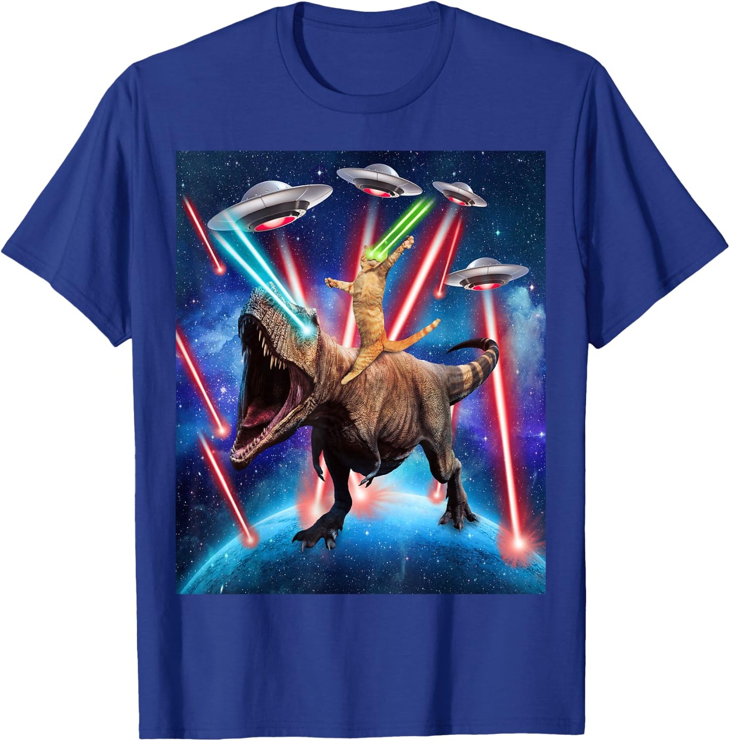 Space Cat Riding Dinosaur T rex Laser Eyes UFO Funny Cat T-Shirt - T-Shirt | Royal