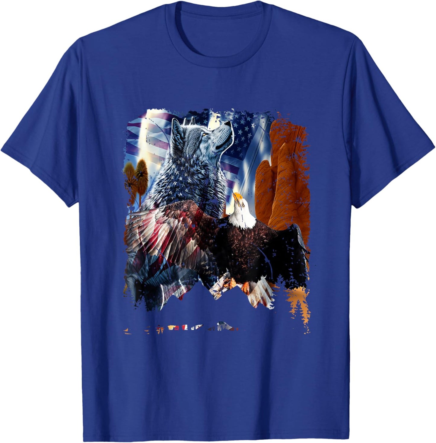 Wolf With Bald Eagles American Flag Patriotic Independence Women Men T-Shirt - T-Shirt | Royal
