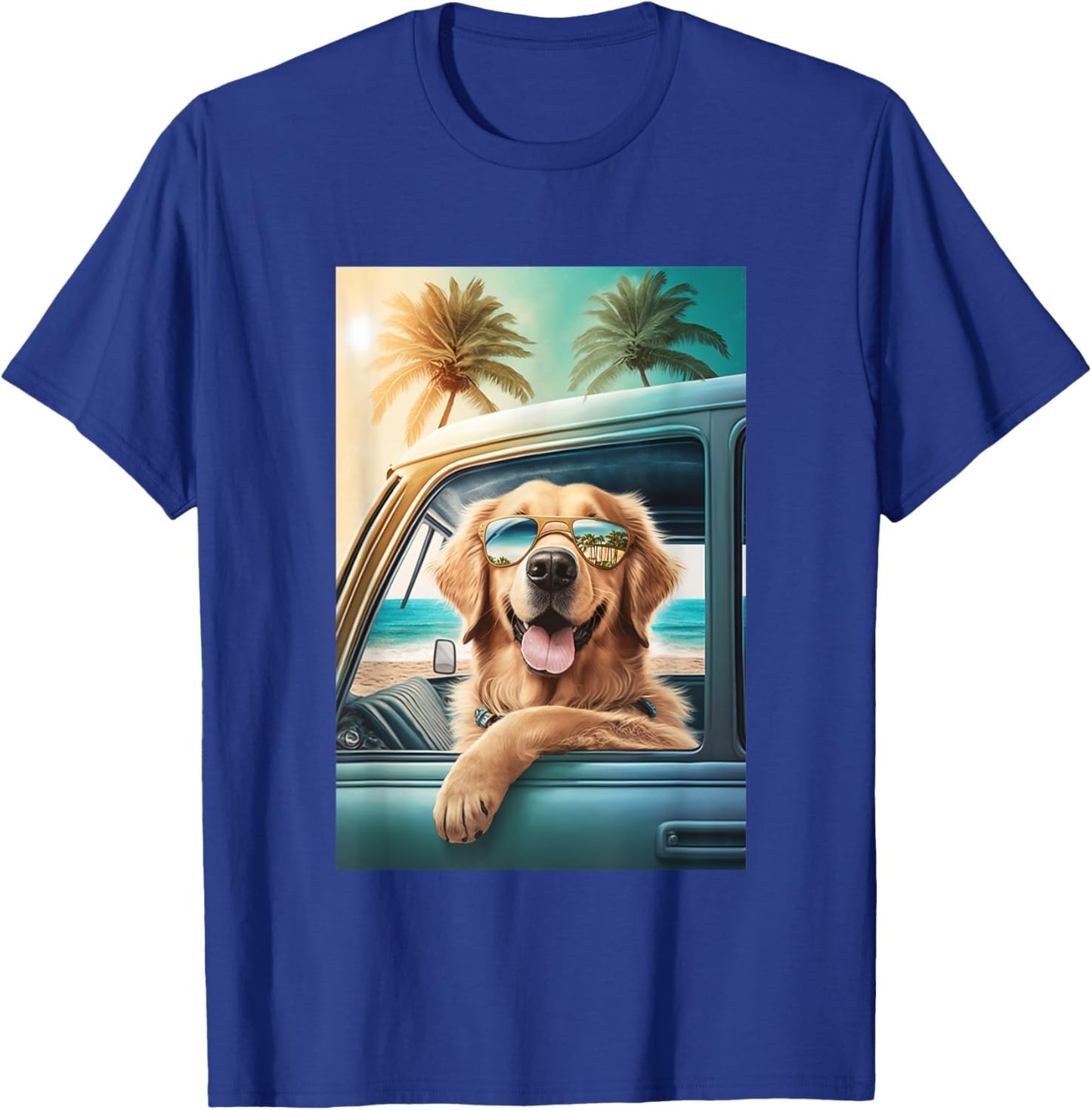Golden Retriever Sunglasses Beach Palm Trees Car Summer Men Women Kids T-Shirt - T-Shirt | Royal