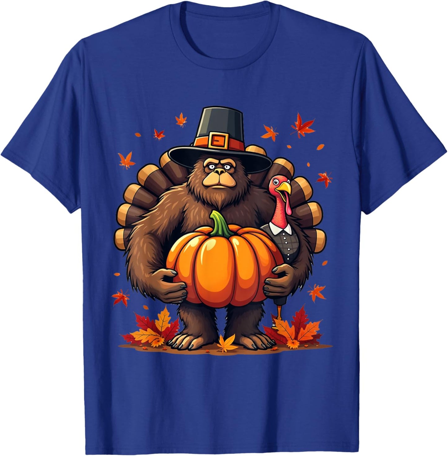 Bigfoot Pilgrim Thanksgiving with Pumpkin and Turkey T-Shirt - T-Shirt | Royal