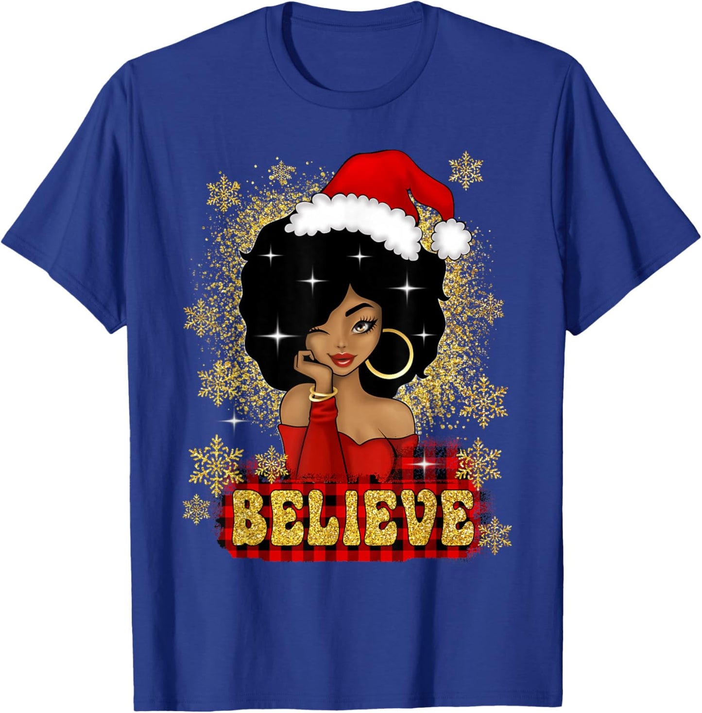 Christmas Believe Santa African American Black Woman T-Shirt - T-Shirt | Royal
