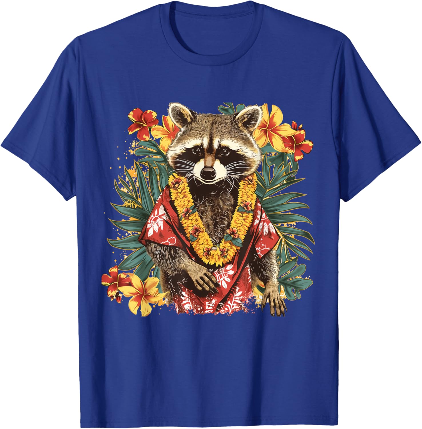 Hawaiian Hibiscus Flowers Hawaiian Raccoon T-Shirt - T-Shirt | Royal